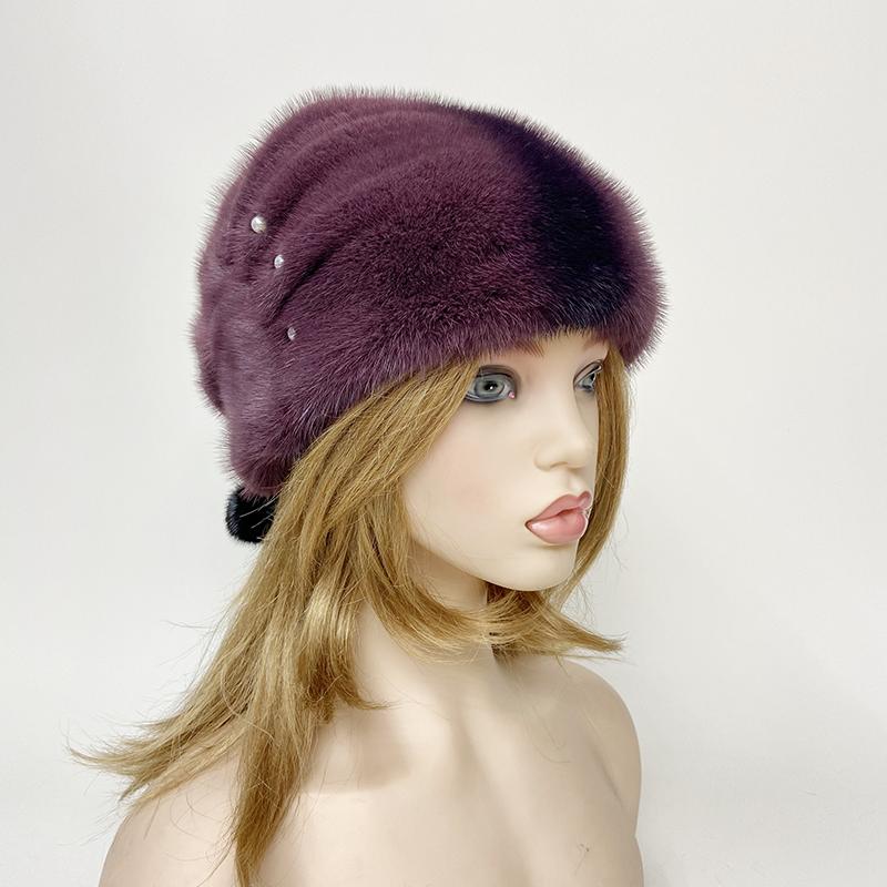 Black Women New Pear Christmas Hat Natural Mink Fur Luxury Winter Warm Balls Russian Beanie Hats