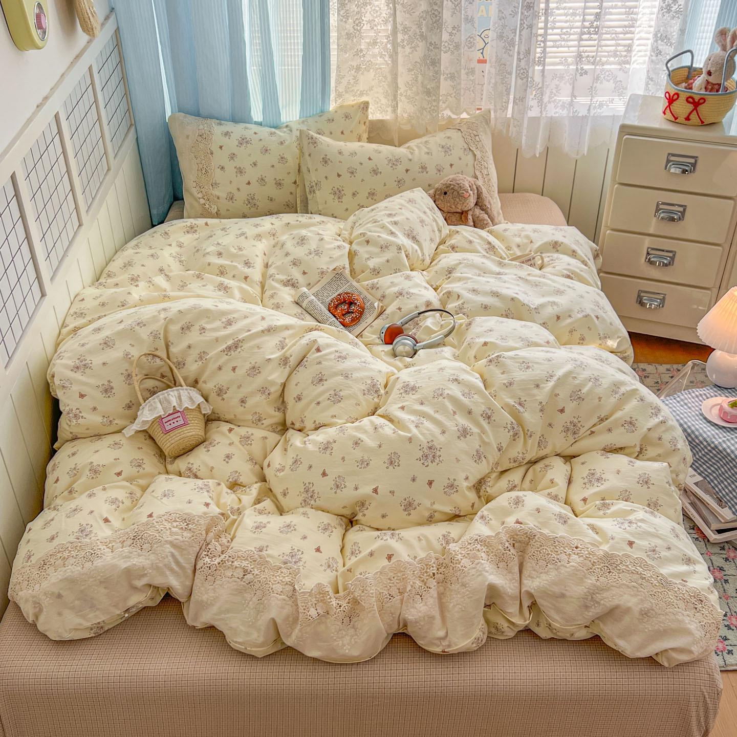 

Skin-Friendly High Thread Count Lace Cotton 4-Piece Bedding Set 1.2m Sheet 3-piece Set, Quilt Cover 150*200