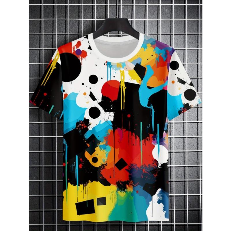Herren Buntes Abstraktes Graffiti 3D-Bedrucktes T-Shirt Lässiges Kurzarm Rundhals Oberteil Coole Farbspritzer Geometrische Grafik Sommer Streetwear T-Shirts