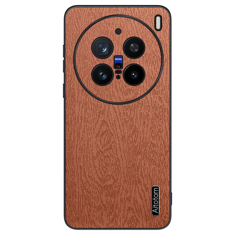 

For vivo X200 Pro 5G Case Wood Texture PU Leather Coated PC+TPU Phone Cover Brown