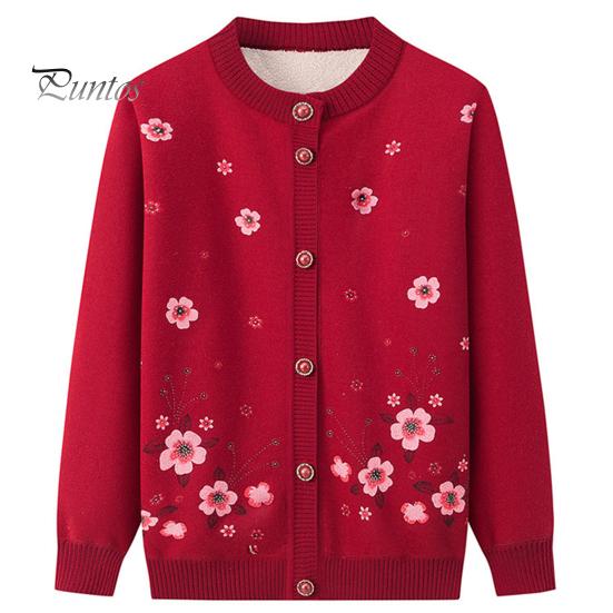 Single-breasted Mother Winter Sweater Coat Flower Print Cardigan Buttons Elastic Keep Women Warm Round Neck Plus Size Grandma Clothing