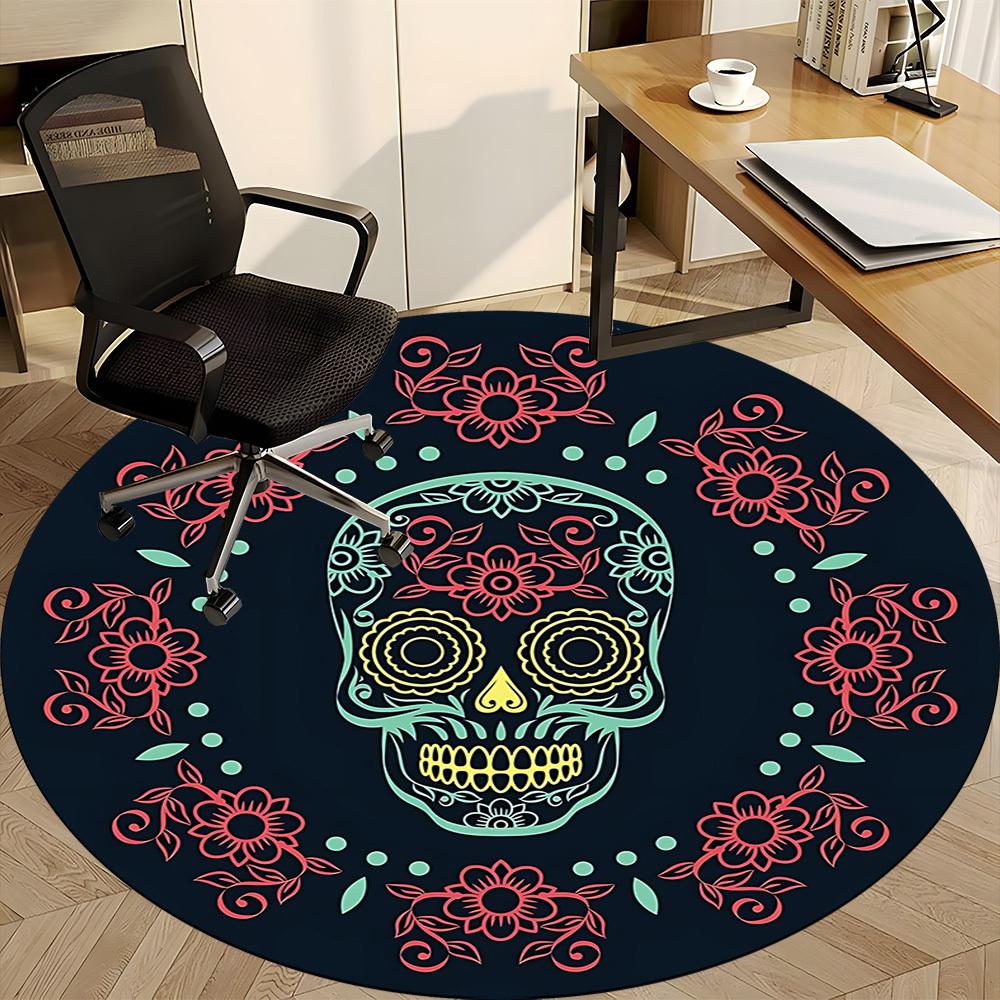 1pc Sugar Skull Art Chair Carpet for Office, Indoor Non Slip Washable Polyester Fiber Carpet,