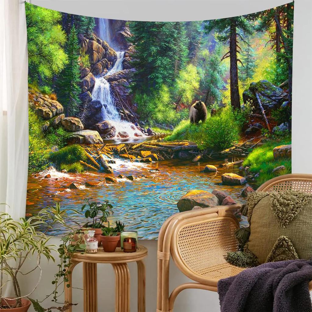 Enchanted Forest Tapestry Serene Waterfall Wooden Path Unique Wall Art for Home Decor Bedroom Nature Lover Gift