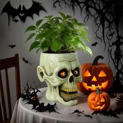Skull Flower Pot Resin Human Skull Planter Halloween Candy Bowl Gothic Plant Pot for Succulents Home Office Desk Decoration