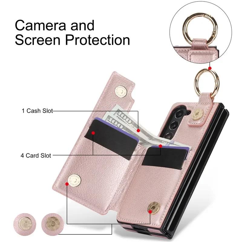 PU Leather Ring Zipper Wallet with Card Holder Phone Case for Samsung Galaxy Z Fold 6 5 4 3 Fold6 Fold5 Fold4 5G Kickstand Cover