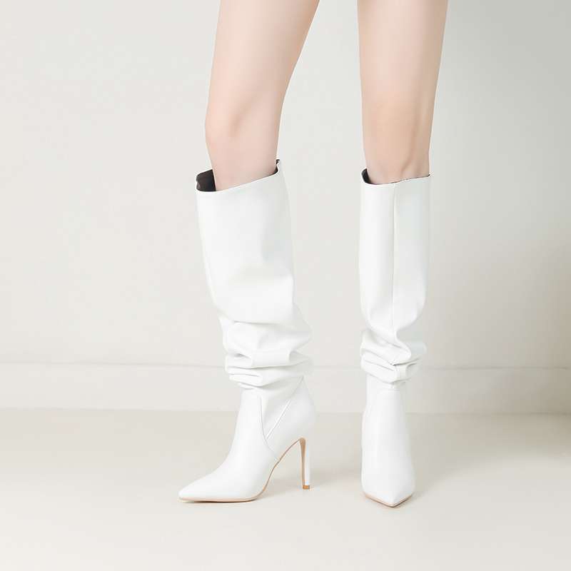 Lenkisen PU Autumn Winter Shoes Pointed Toe Super Stiletto High Heels Equestrian Boots Pleated Keep Warm Fashion Over-the-knee Boots