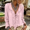 Women's Color V-Neck Ruffle Tie Long Sleeve Blouse Loose Fit Casual Top for Everyday Wear