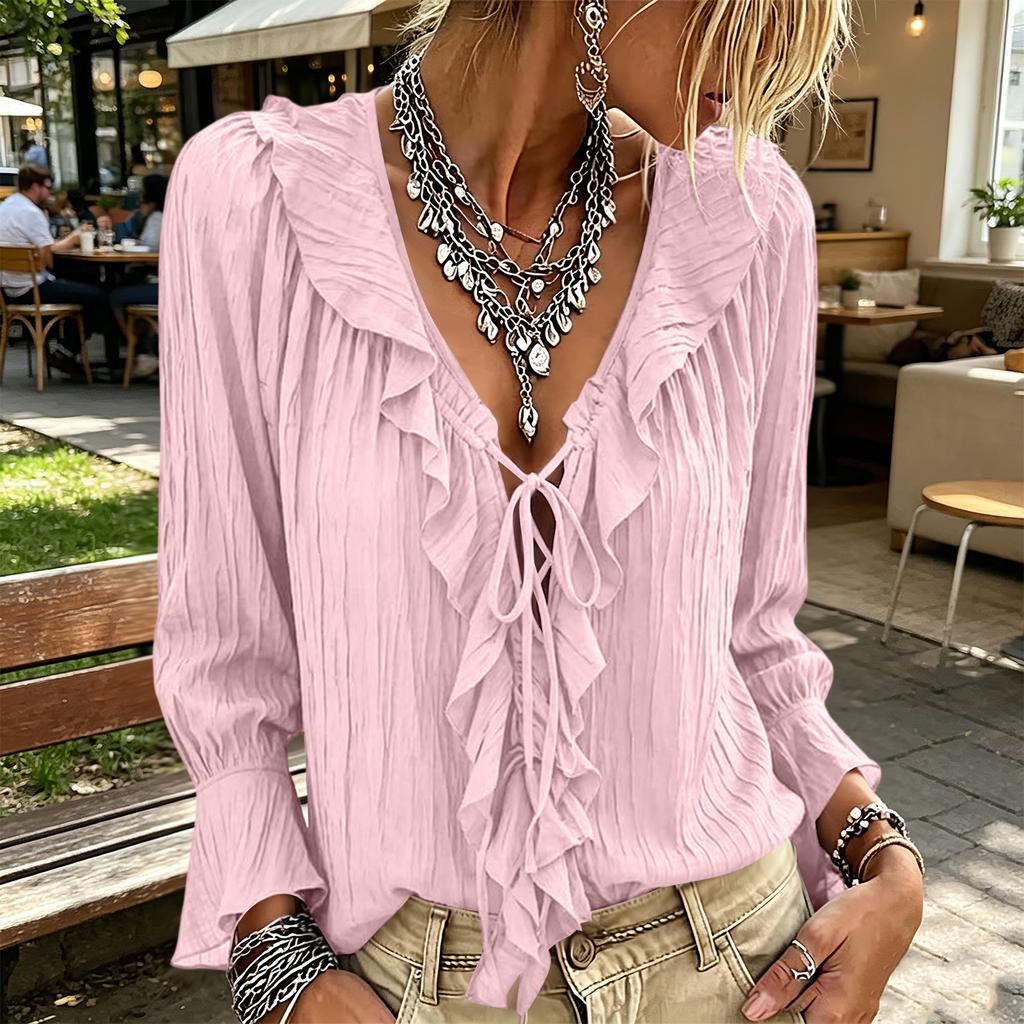 Women's Color V-Neck Ruffle Tie Long Sleeve Blouse Loose Fit Casual Top for Everyday Wear