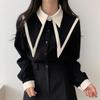 French Women's Shirt Patchwork Design Ladies Long Sleeved Blouse Loose and Versatile Bubble Sleeve Cardigan Top