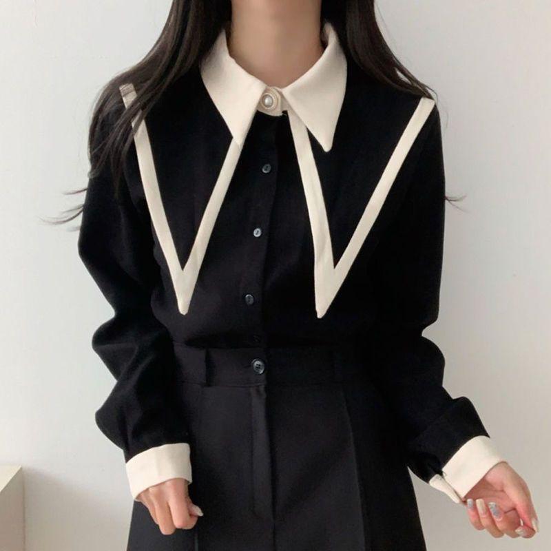 French Women's Shirt Patchwork Design Ladies Long Sleeved Blouse Loose and Versatile Bubble Sleeve Cardigan Top
