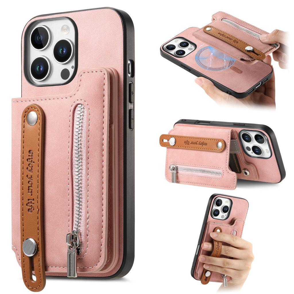 For iPhone 16 Pro Max Case Zipper Card Holder Leather+TPU+PC Phone Cover 2-in-1 Magnetic Detachable