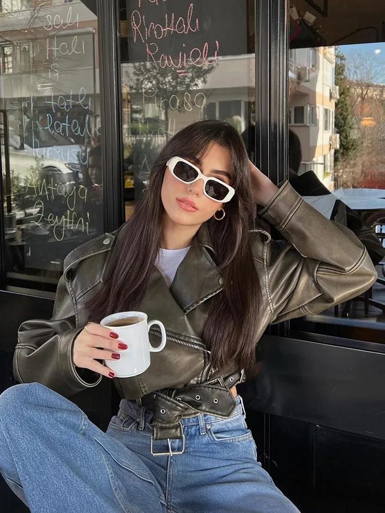 Women Oversized Vintage Loose Pu Faux Leather Short Jacket with Belt Streetwear Female Zipper Retro Moto Biker Coat Outwear