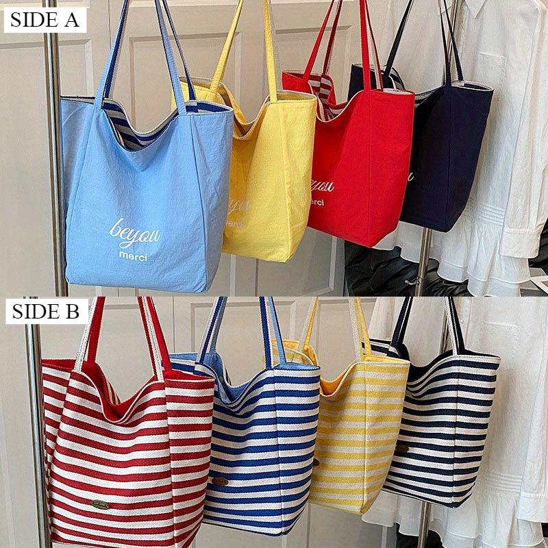 Fashion Striped Double-Sided Use Canvas Women's Shoulder Bags Casual High Capacity Ladies Handbags Summer New Beach Travel Slack Lazy Large Tote Bag