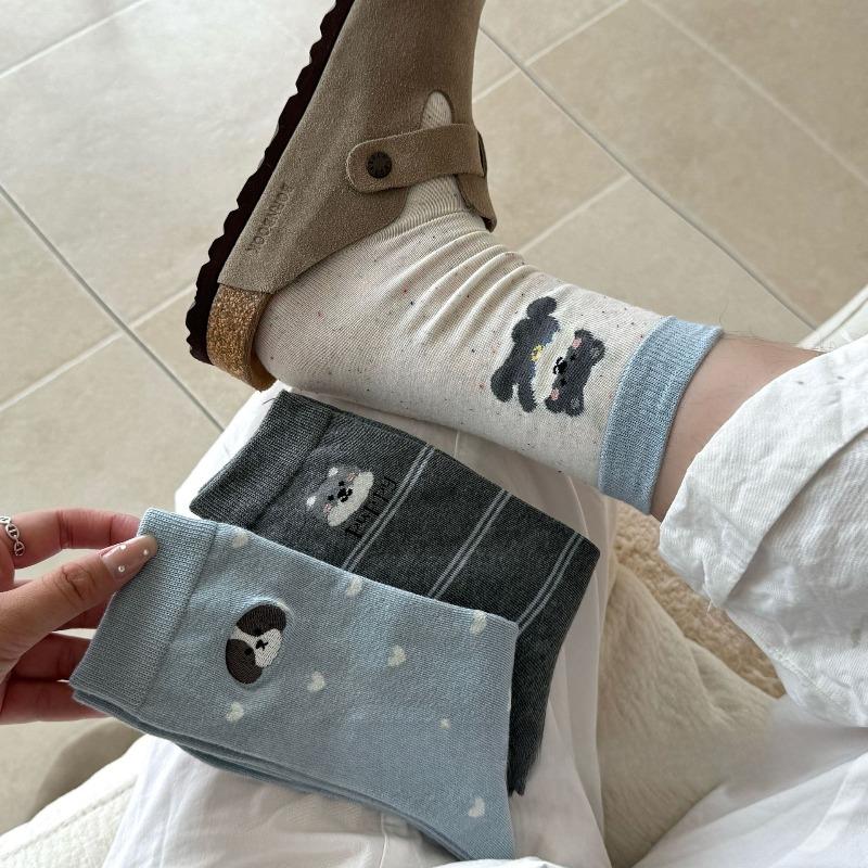 Female Autumn Versatile Cartoon Cute Puppy Embroidery Boneless Drum Pile Pile Cotton Socks