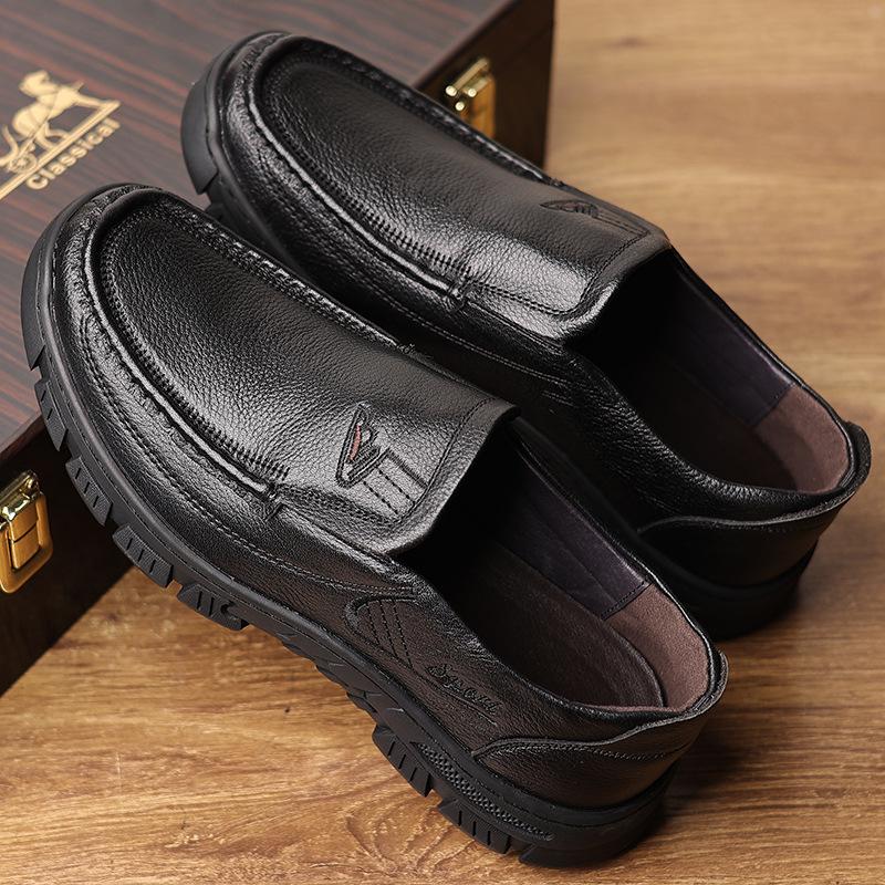 Spring Top Layer Cowhide Men's Shoes Men's Casual Slip-on Leather Shoes Men's Thick-soled Single Shoes Middle-aged Dad Slip-on Shoes