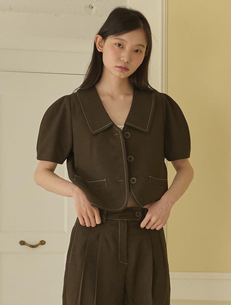 OPENING SUNSHINE Set - Puff Sleeve Crop Jacket + Double-Pleat Wide Pants _Brown