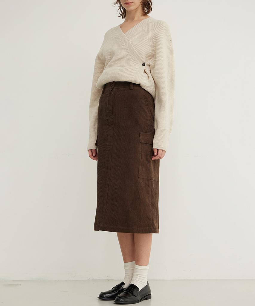 Step Around Corduroy Cargo Midi Skirt_Brown