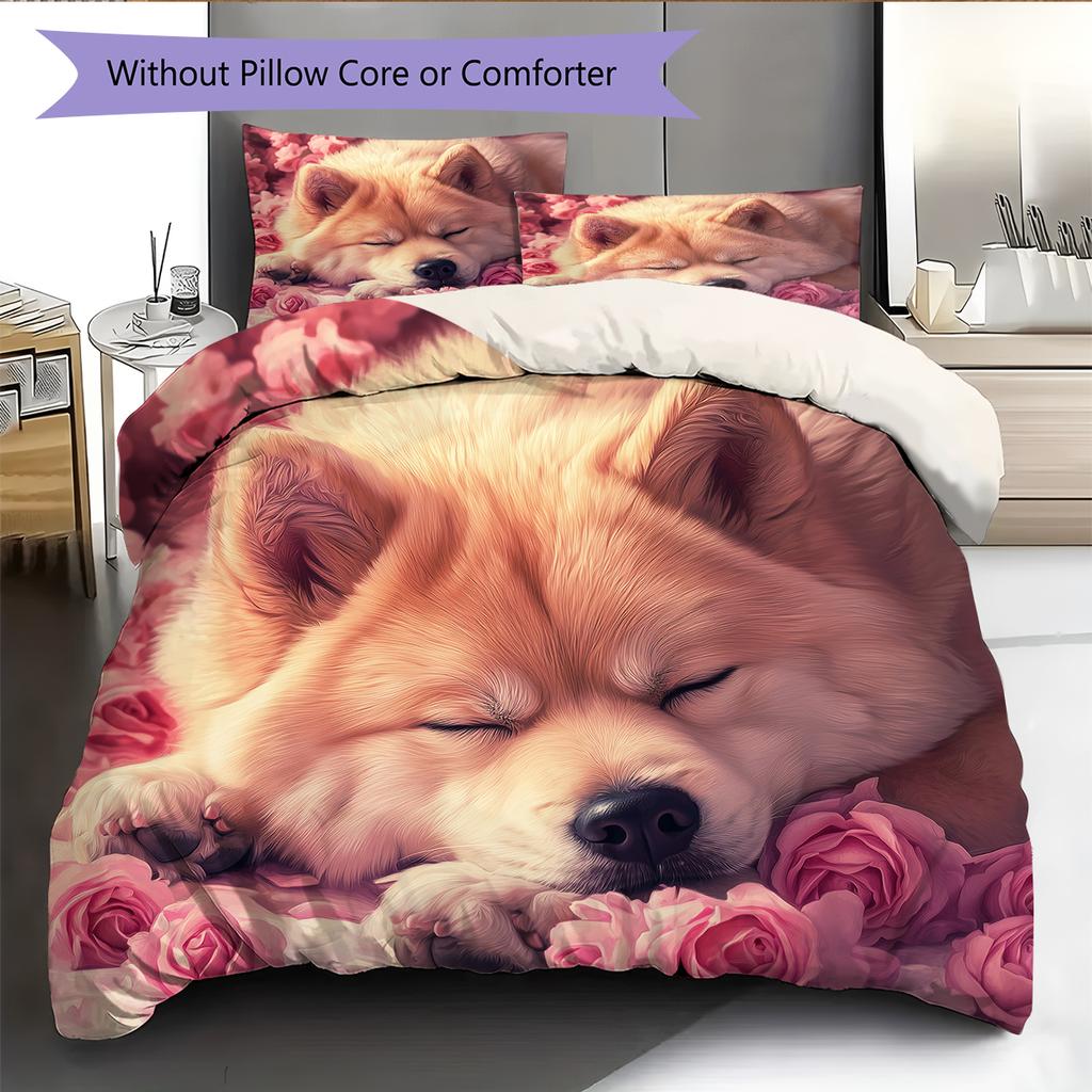 Shiba Inu and Rose Pattern Bedding Home Decoration Birthday Gift (1 * duvet cover + 2 * pillowcase, without core)