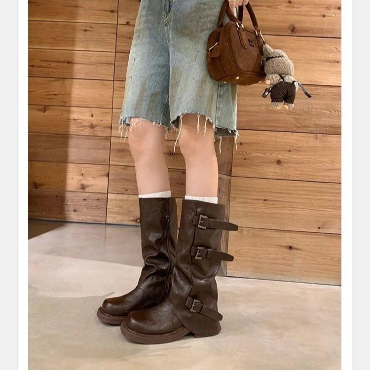 Thick-soled thick-heeled pleated boots autumn new sweet cool babes pile pants tube boots knight cowboy boots