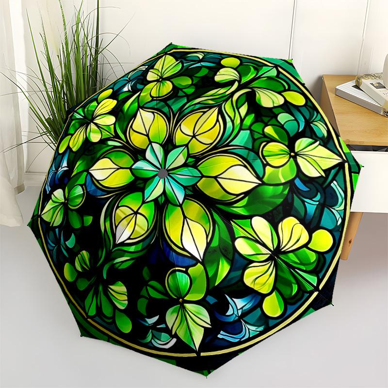 1pc Stained Glass Clover Automatic Folding Umbrella - 8-Rib Compact Travel Umbrella Durable & Portable for Outdoor Use, Perfect Gift for Birthdays127