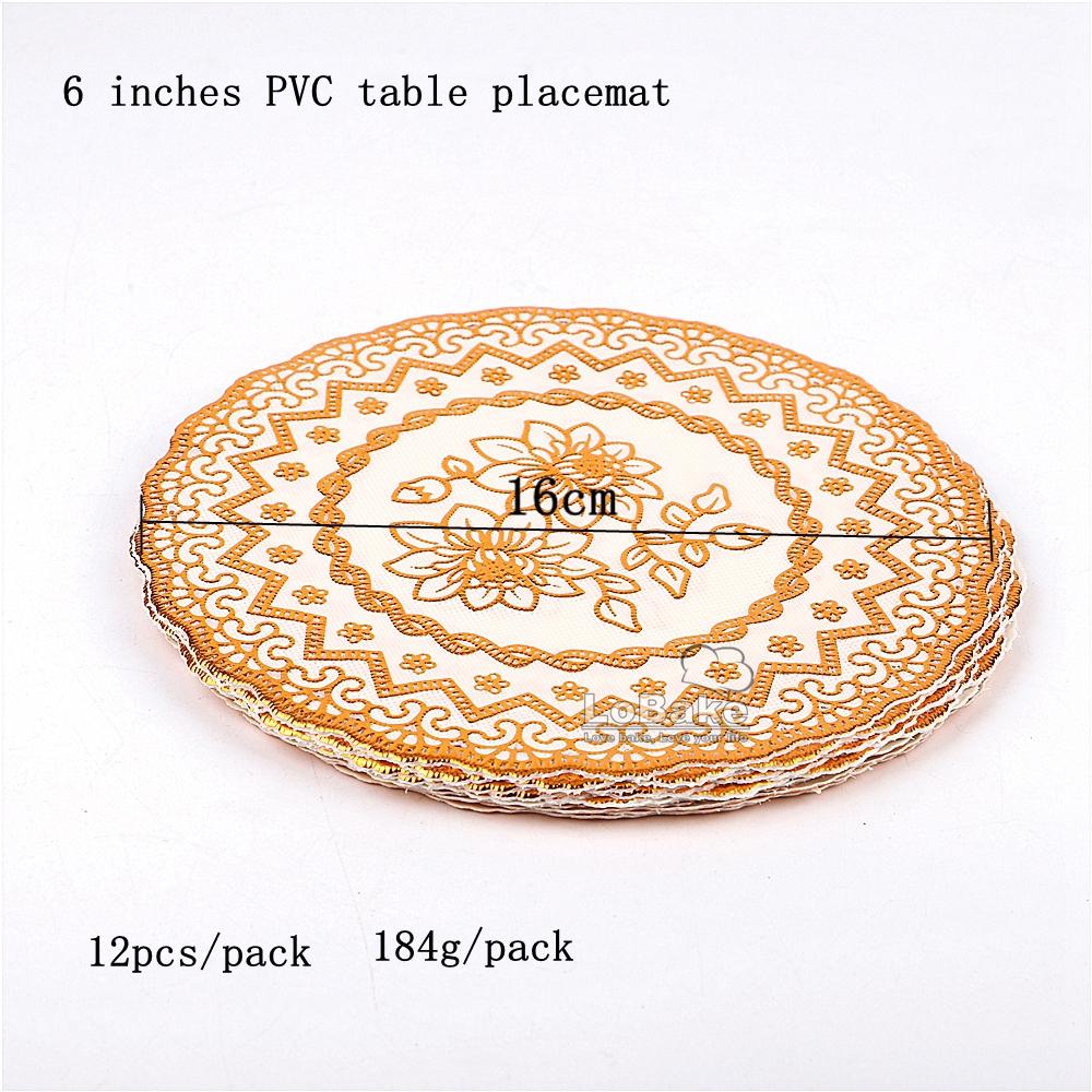 12 Stück/Packung 6 und 8 Zoll umweltfreundliches Vinyl PVC Kunststoff rund goldene Spitze Schal Deckchen Tischset Tischdeko Zubehör