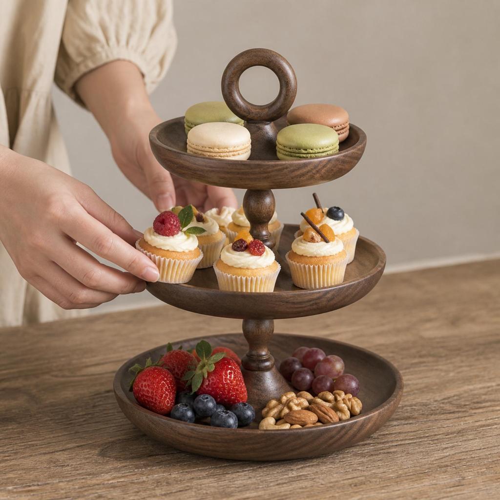 Tiered Serving Tray Food-Grade Multi-Tier Walnut Wood Stand Robust