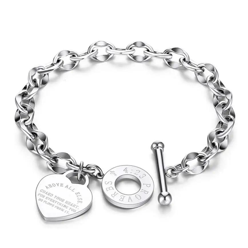 

316L Нержавеющая сталь Подвеска Сердце с буквой Круглый браслет с OT-застежкой для женщин Модный тренд Изысканные ювелирные изделия Подарок 18cm