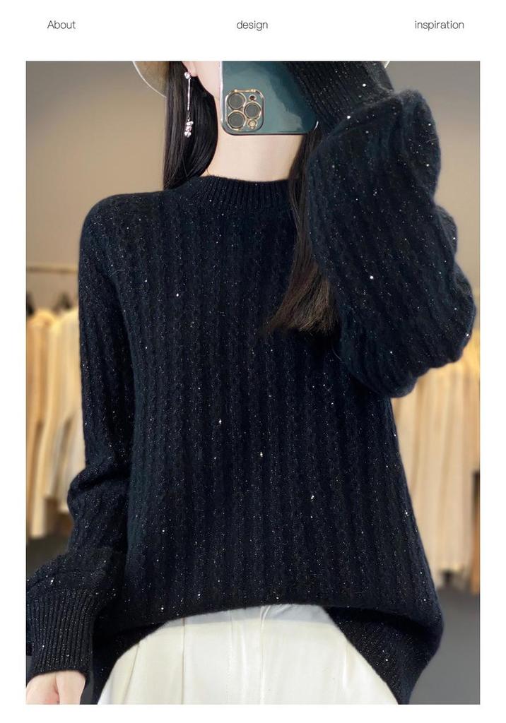 2024 A/W Women's Thick Wool Knit Sweater - Round Neck, Long Sleeve, Bright Silk, Loose Fit