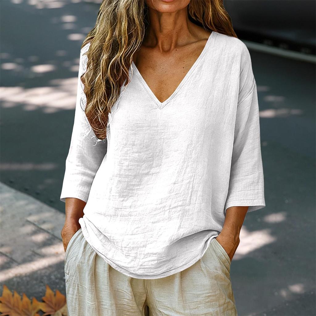 Women's Fashionable Loose-Fit -Color Cotton-Linen V-Neck Casual Blouse