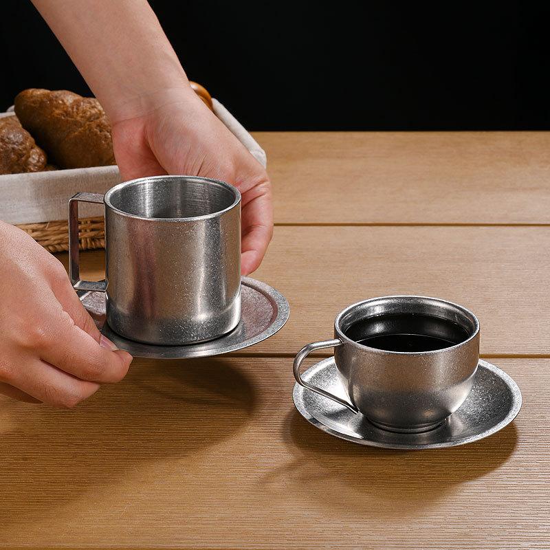 BR304 Stainless Steel Coffee Cup Retro Double-layer Heat-resistant Mug Silver Coffee Cup Afternoon Tea Cups and Saucer Set TeacupEY