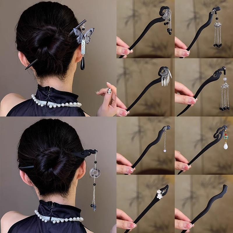 High-End Chinese Wooden Hairpin with Tassels – Ancient Style Ebony Faux for Women