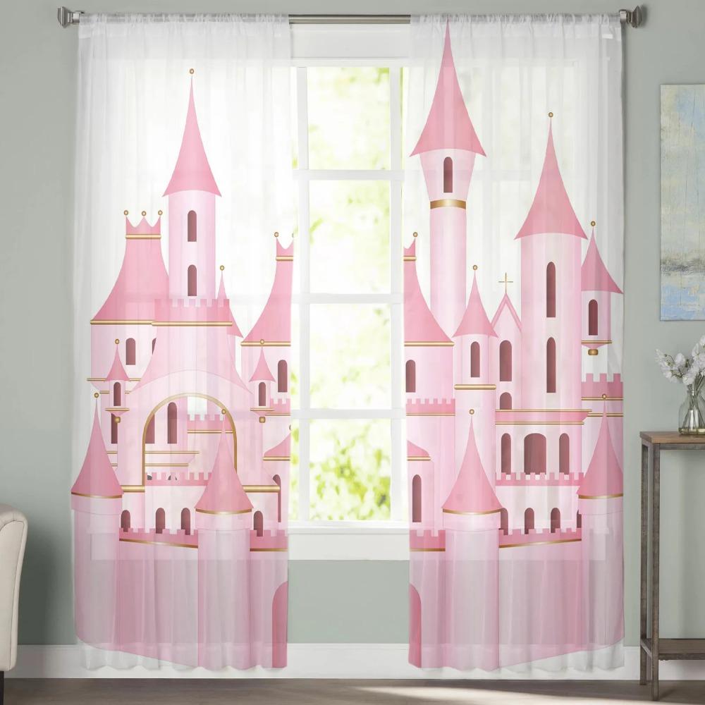 Perdele pentru fereastră transparentă din tul alb castel cu desene animate roz pentru sufragerie dormitor Perdele moderne din voile din tul draperii decorare
