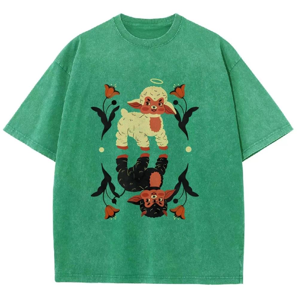Cool Angel Demon Sheep T Shirts Unisex Washed Tees Men Women Short Sleeve T-shirts Cotton Streetwear T Shirts