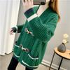 Herbst Damen V-Ausschnitt Farbkontrast Strickjacke Pullover Mantel Ochsenhornknopf Locker Kringel Vielseitig