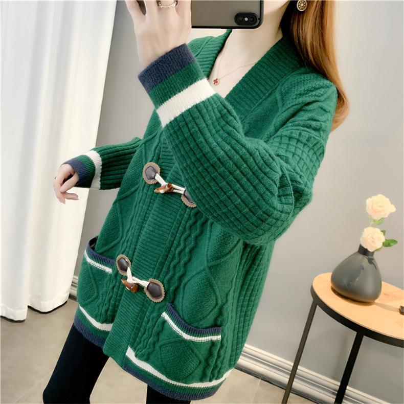 Herbst Damen V-Ausschnitt Farbkontrast Strickjacke Pullover Mantel Ochsenhornknopf Locker Kringel Vielseitig