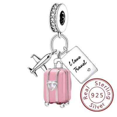 Fit Original Pan Copper Suitcase Travel Airplane Love Heart Charm Pendant Beads Diy Bracelets For Women Jewelry