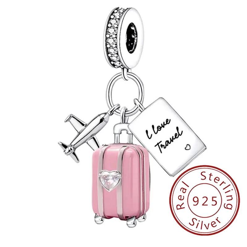 Fit Original Pan Copper Suitcase Travel Airplane Love Heart Charm Pendant Beads Diy Bracelets For Women Jewelry