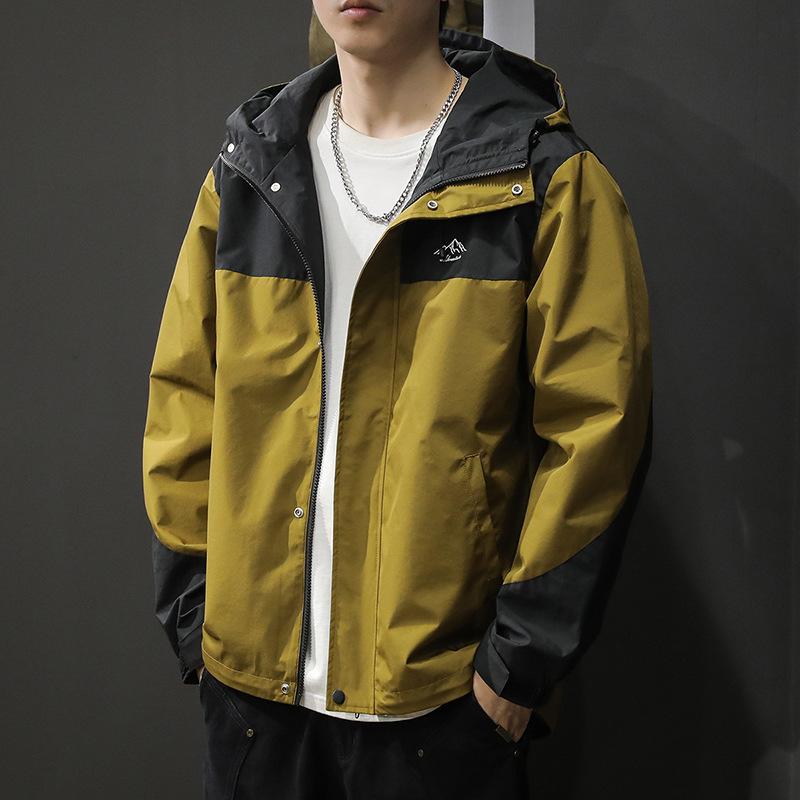 Outdoor Windproof Jacket Hooded Jacket Men'S Loose Large Size Trend Contrasting Color Splicing Tooling Outside