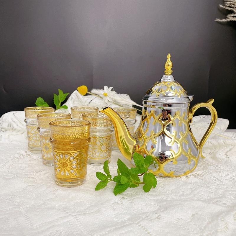 Set de 6 piese, Pahar marocan din sticlă, Sticlă de bere din sticlă cu ștanțare aurie, stil luxos light, Pahar de ceai stil Orient Mijlociu, Set cadou tacâmuri