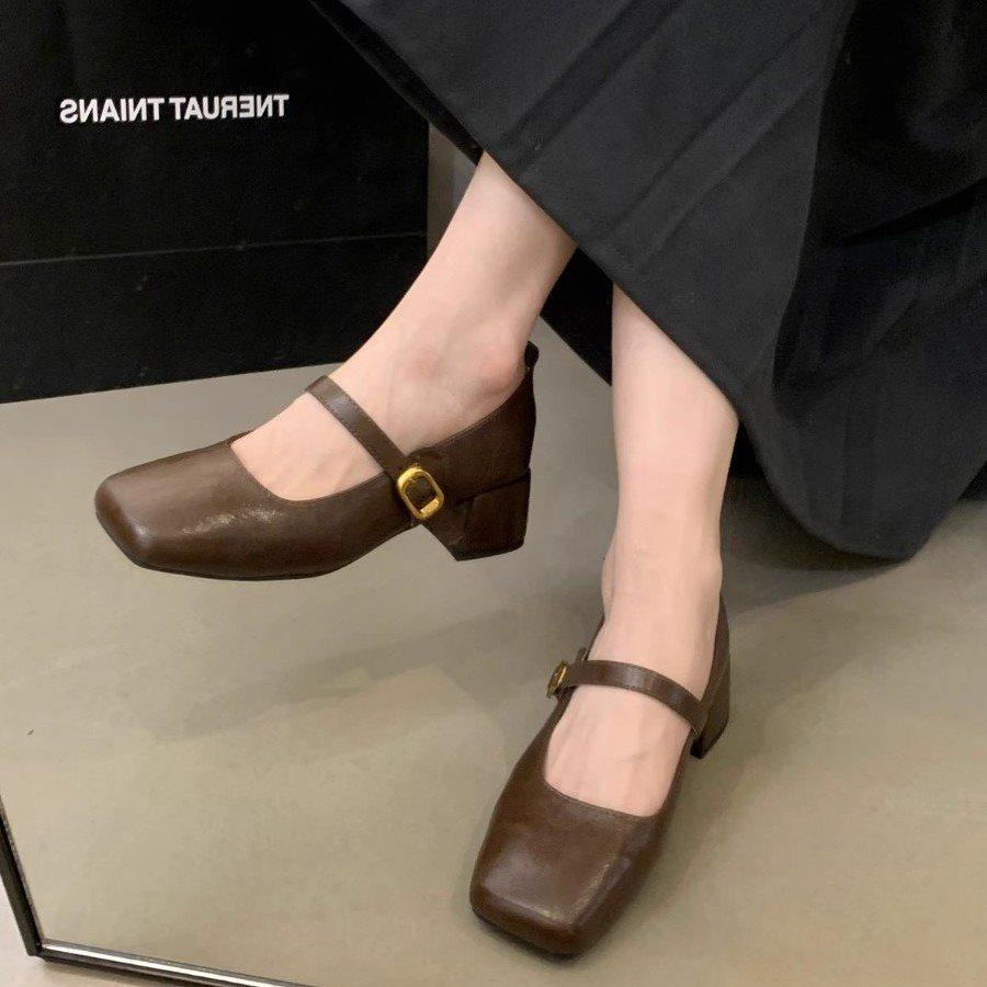 New rough mid-spring shallow mouth 2025 Mary Jane shoes women's skirt with shallow mouth single shoes French retro heel square head