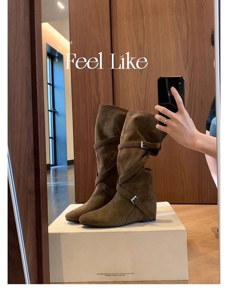 Sheepskin version~ Height increase 6cm round head thin medium boots for women, autumn and winter new soft long tube stacking boots, long boots for wo