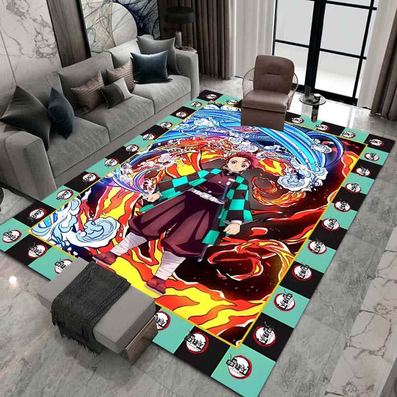 Cute cartoon Kimetsu no Yaiba rug, suitable for playrooms, bedrooms, living rooms, sofas, and other home décor; non-slip rug for
