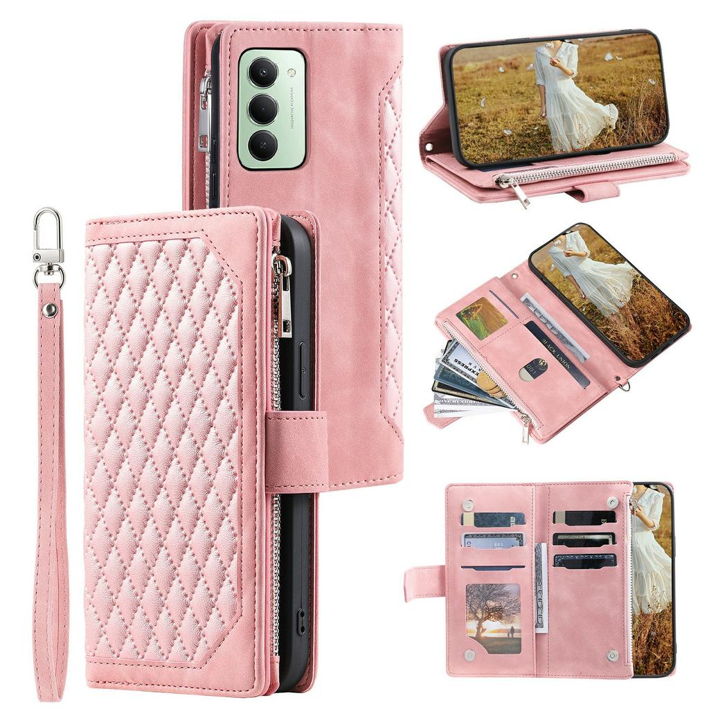 Pro Xiaomi Redmi 15 5G (Globální) (169 mm) Peněženkové pouzdro s kosočtvercovým prošíváním, PU kožený kryt na telefon se zápěstním poutkem