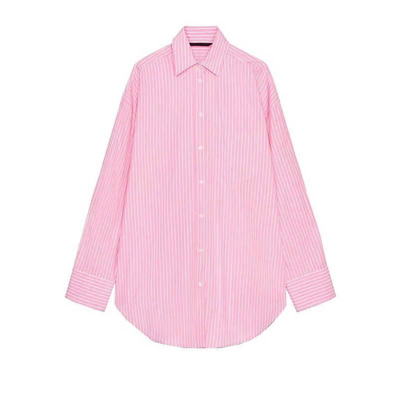 Spring New Women's Clothing Single Row Multi-Buckle Pleated Decoration Stripes Loose Lapel Long Sleeve Shirt 2180067