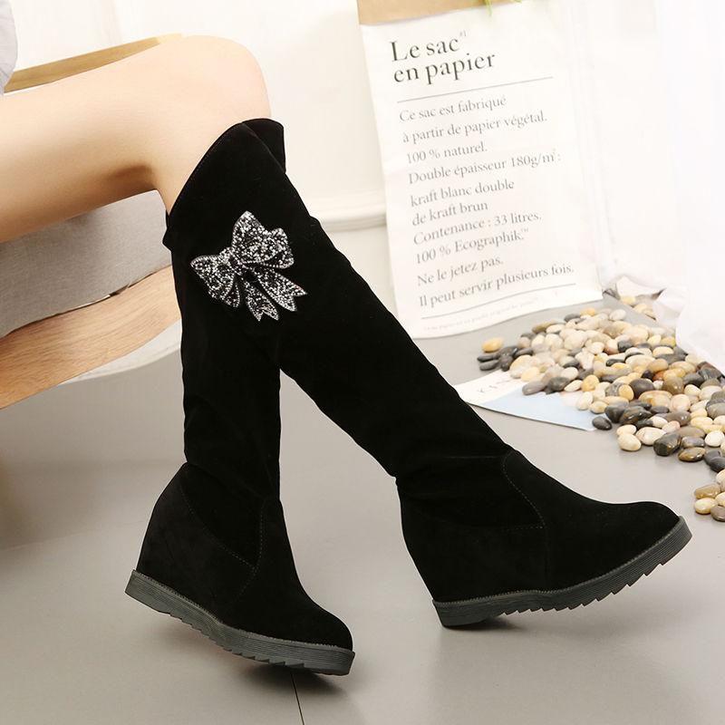 Fashion Black Bow Rhinestone Elegant Heeled Half High Boots for Women Autumn Winter Mid Calf Shoes Woman 2025 Goth Gyaru Footwear Sale