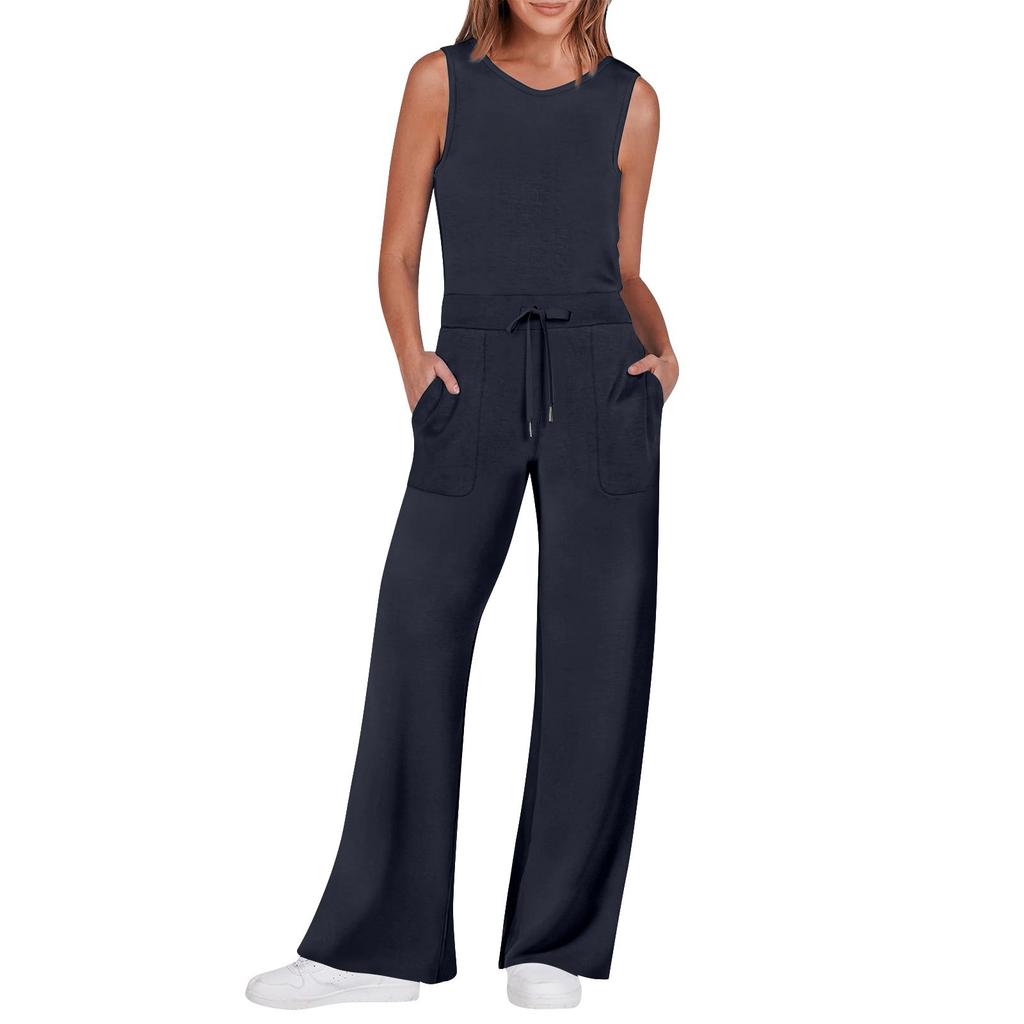 Lässiger, vielseitiger, ärmelloser, einfarbiger, gerader Schlauch-Jumpsuit für Damen