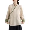 Plus Size Cotton Linen Zen Tea Shirt: Retro Chinese Style with Oblique Collar & Tie-up