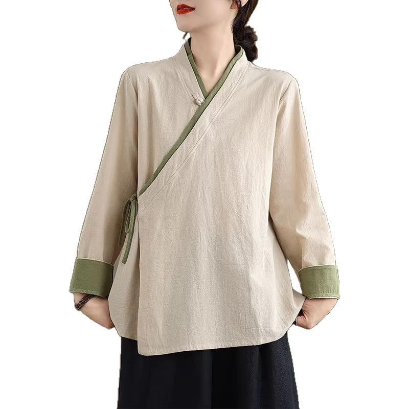 Plus Size Cotton Linen Zen Tea Shirt: Retro Chinese Style with Oblique Collar & Tie-up