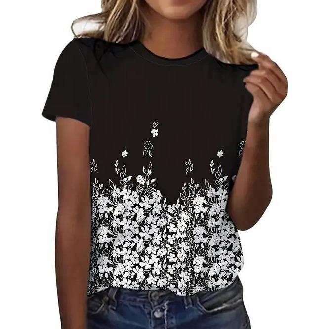 Summer Round Neck 3D Flower Butterfly Pattern Print Top Fashionable Casual Retro Short Sleeved Women's T-shirts