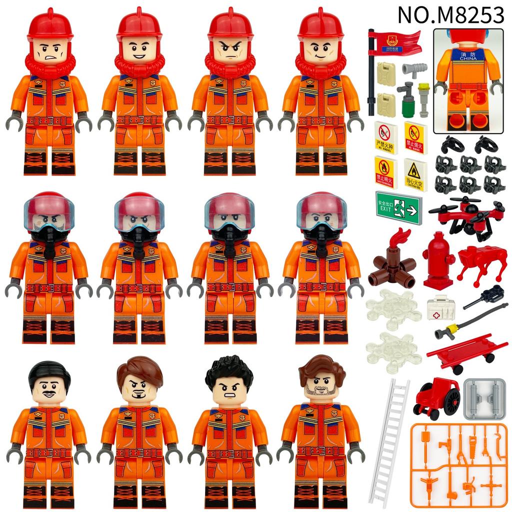M8253 Blue Sky Fire Rescue Team Miniature Children Assemble Small Particle Building Block Toy Stretcher Wheel